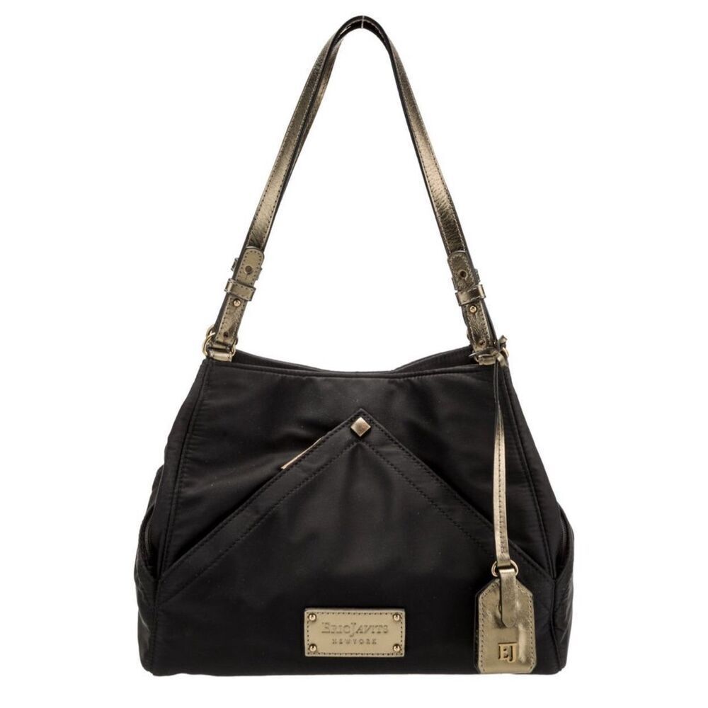 Eric Javits Black Nylon Shoulder Bag Gold Trim Hardware Designer Purse Classic